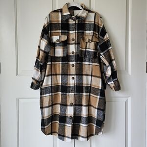 Plaid Oversized Shirt Jacket - Black, White, Tan